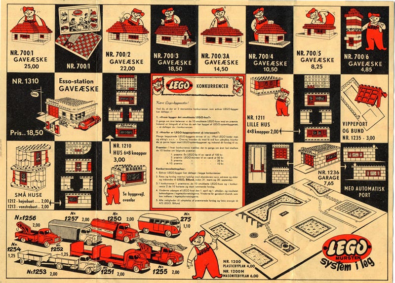 הקטלוג הראשון של לגו מ-1958, מציג את אפשרויות החיבור בין הסטים, תמונה 1 הקטלוג הראשון של לגו מ-1958, מציג את אפשרויות החיבור בין הסטים, תמונה 1