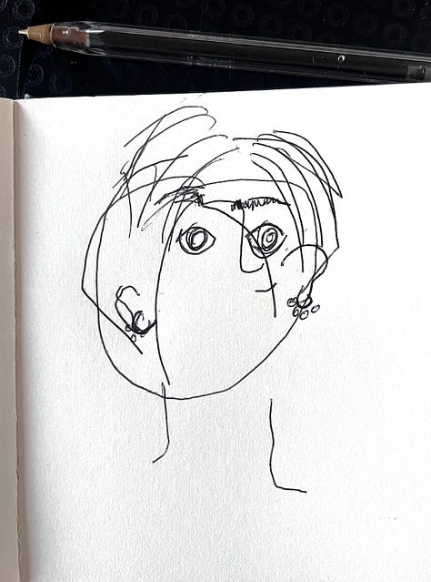 9 self portraits made as blind contour drawings, black ink on white paper, with faces askew; in one, the chin is shifted to the left so it looks like there's only half, in another the neck intersects with the chin in a way that it looks like a chin hair; in a third, the hair is completely off the head and instead is like a curtain in front of the face. They're cubist, cartoonish, strange and somehow beautiful