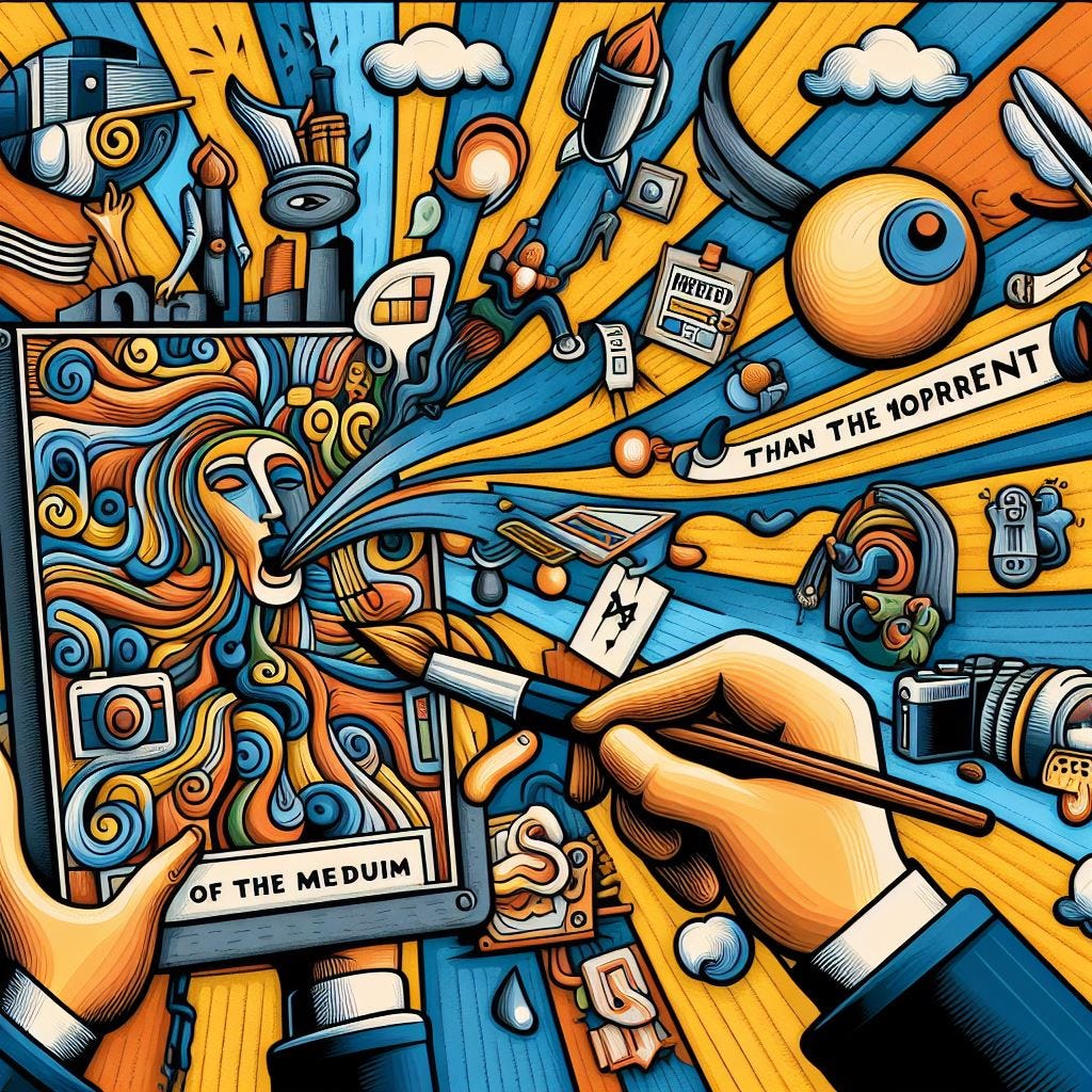An image of an artist painting a message about the medium with medium provocatively misspelled
