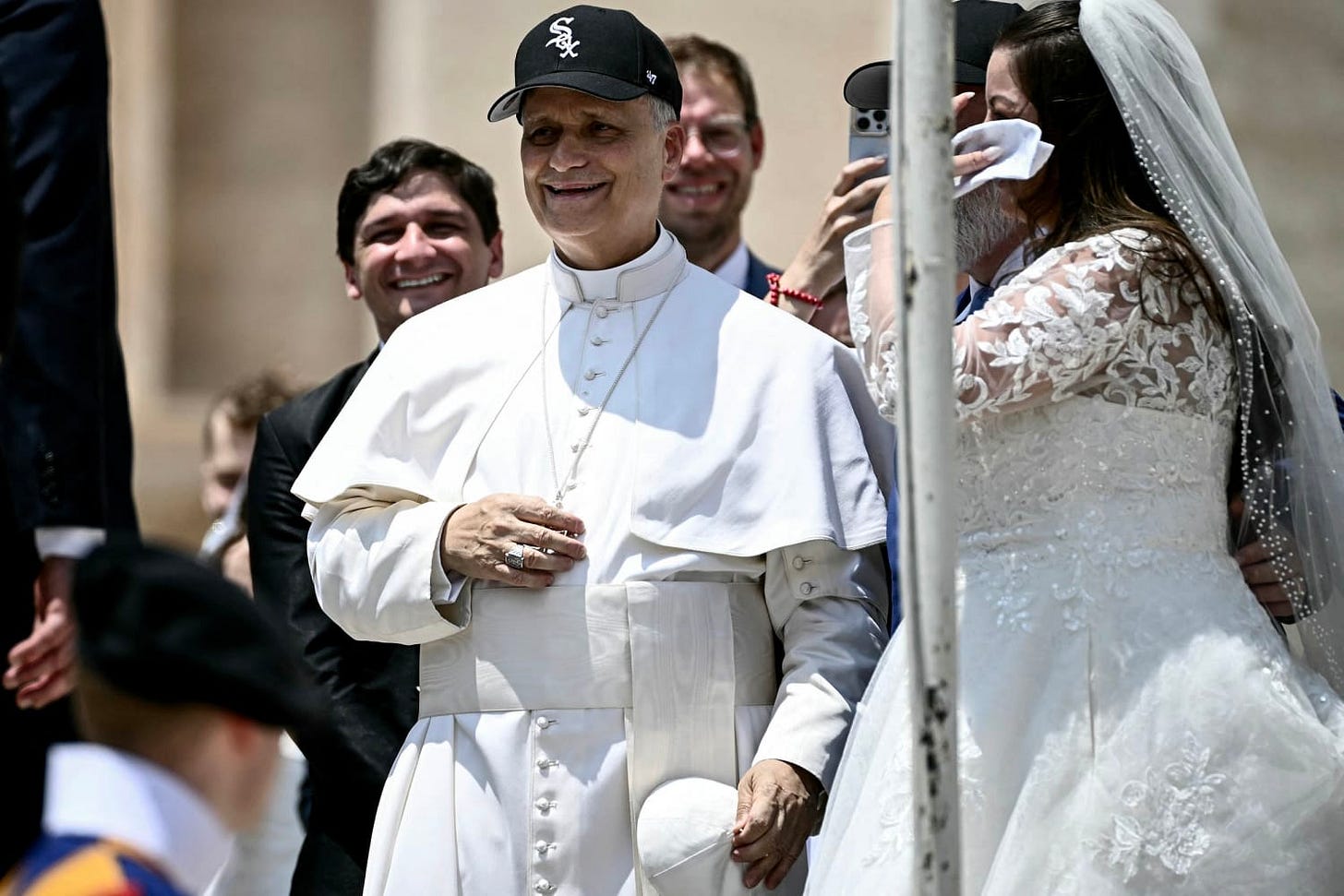 Pope Leo XIV wearing a Chicago White Sox cap in St. Peter’s Square