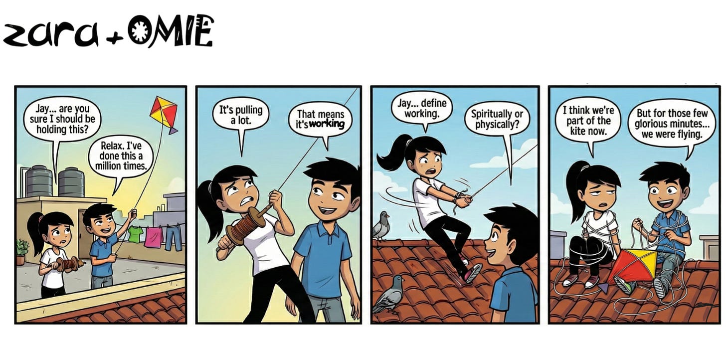 Zara and Jay fly a kite on a rooftop; the string pulls hard, chaos follows, and they laugh about flying for a few moments.