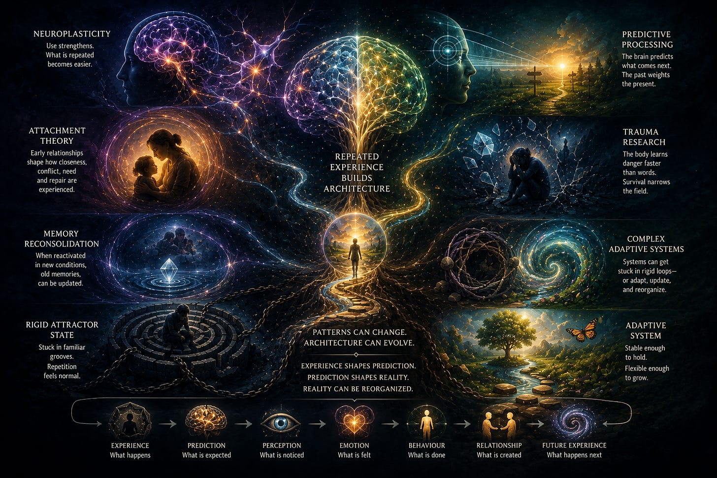 Infographic showing repeated experience building inner architecture through neuroplasticity, attachment theory, predictive processing, trauma research, memory reconsolidation, attractor states, adaptive systems, and a loop from experience to prediction, perception, emotion, behaviour, relationship, and future experience.