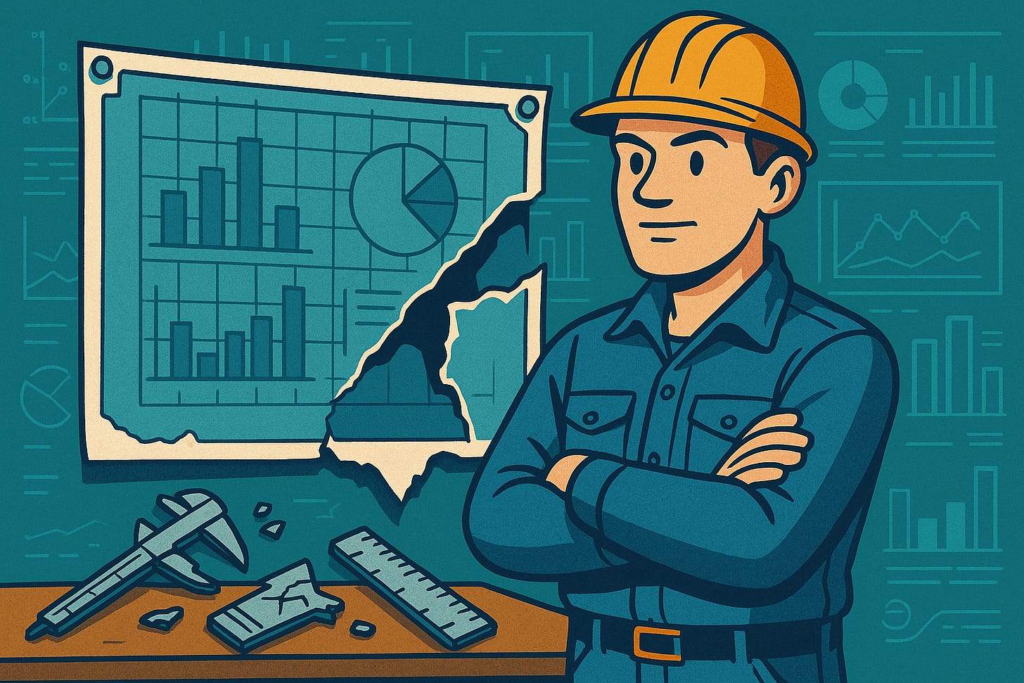 A data engineer who stands in front of a blueprint but has broken measuring instruments and the blueprint is ripped a bit. A data engineer who stands in front of a blueprint but has broken measuring instruments and the blueprint is ripped a bit.