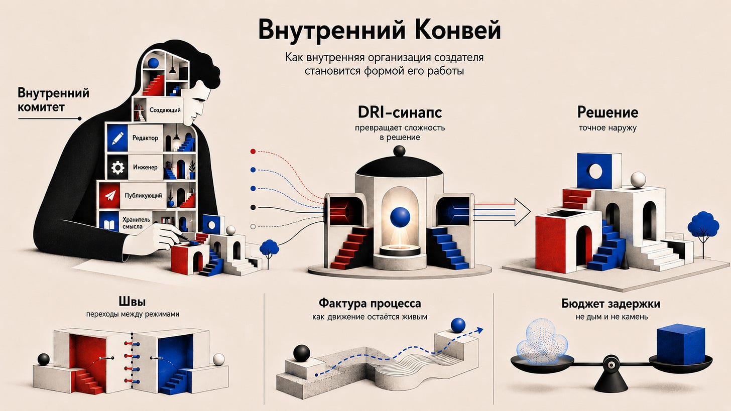 Визуализация концепции «Внутренний Конвей» с элементами, описывающими внутренние процессы и решения в организации. Визуализация концепции «Внутренний Конвей» с элементами, описывающими внутренние процессы и решения в организации.