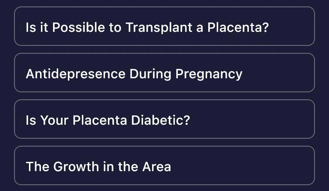 Screenshot of an AI clip analysis tool showing four suggested titles for a podcast episode about stem cell therapies and regenerative medicine: "Is it Possible to Transplant a Placenta?", "Antidepresence During Pregnancy", "Is Your Placenta Diabetic?", and "The Growth in the Area". Spelling errors included.