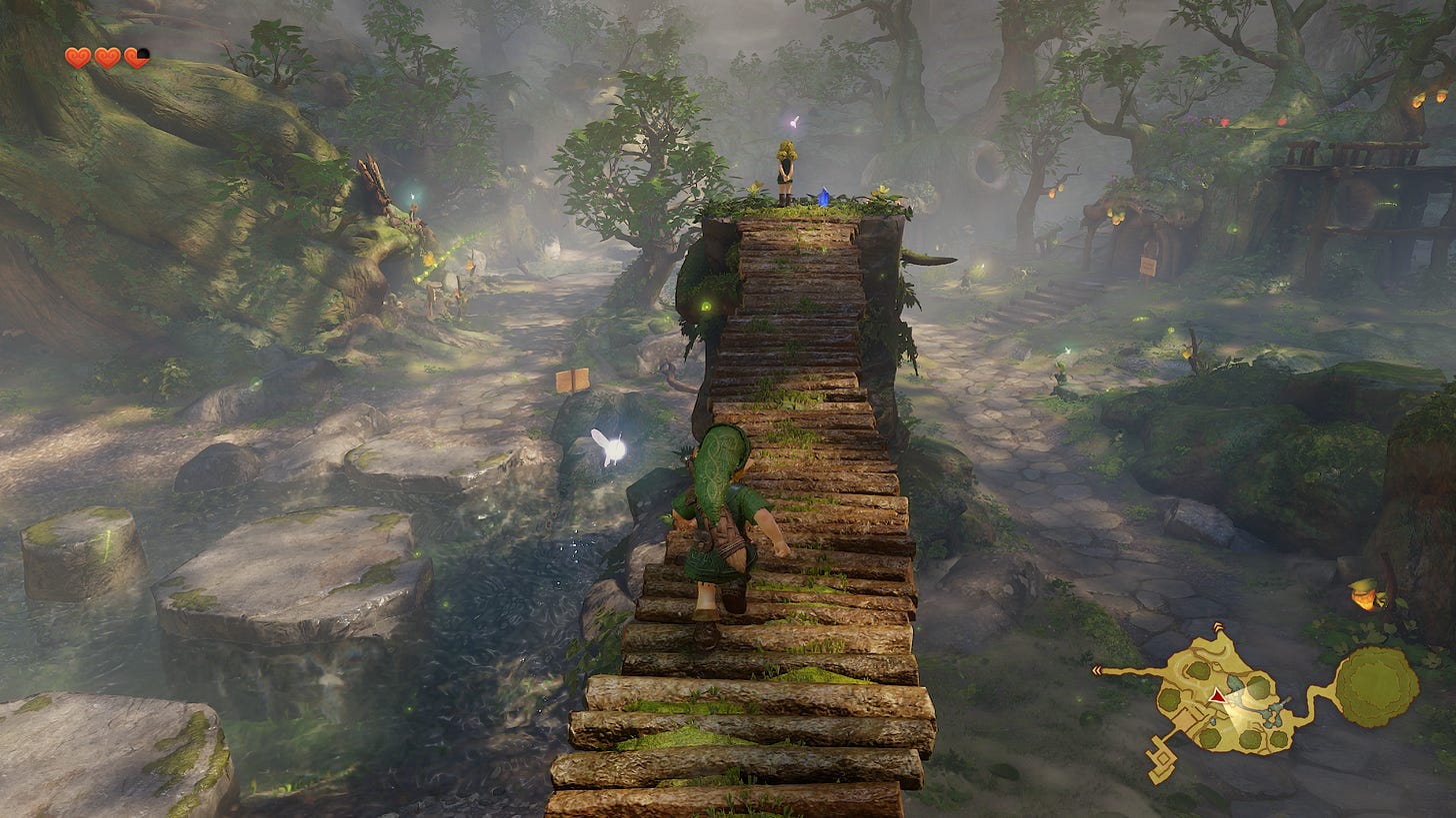 Link running across a wooden bridge Link running across a wooden bridge