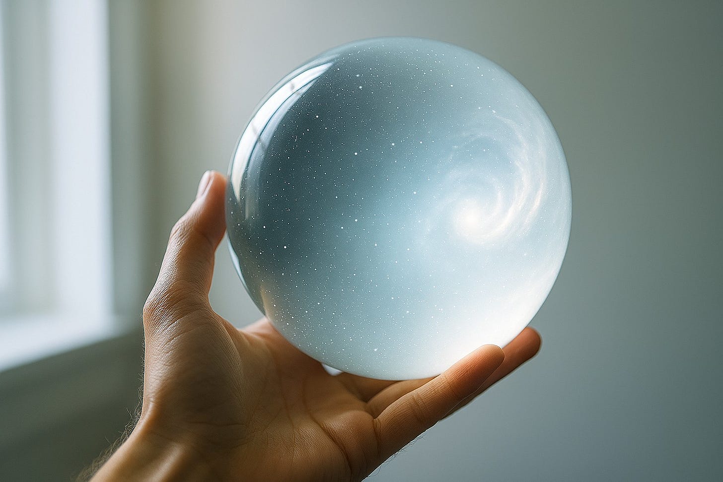 A hand gently holds a glowing orb containing swirling light, symbolizing the accessible wisdom of intuition that lies within everyone.