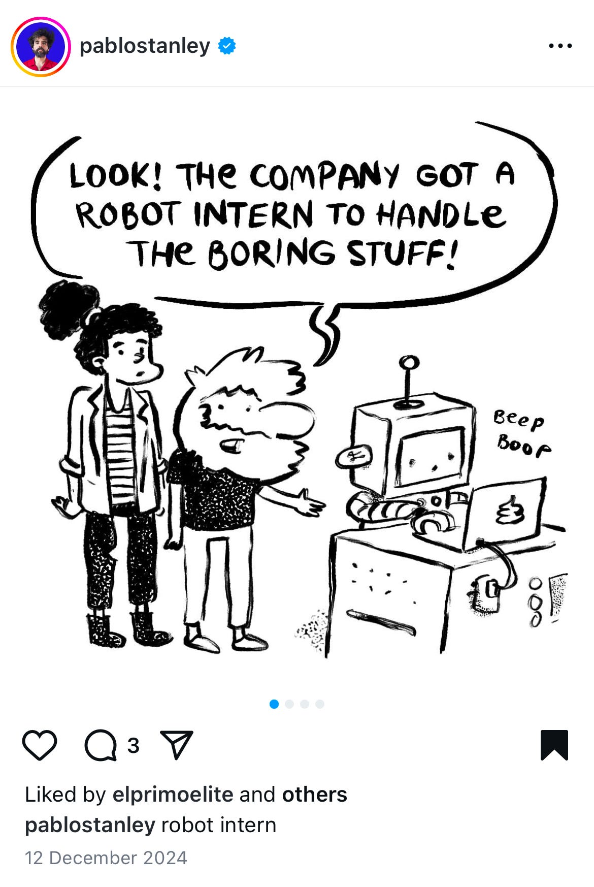 Screenshot of Robot Intern comic in an Instagram post. Screenshot of Robot Intern comic in an Instagram post.