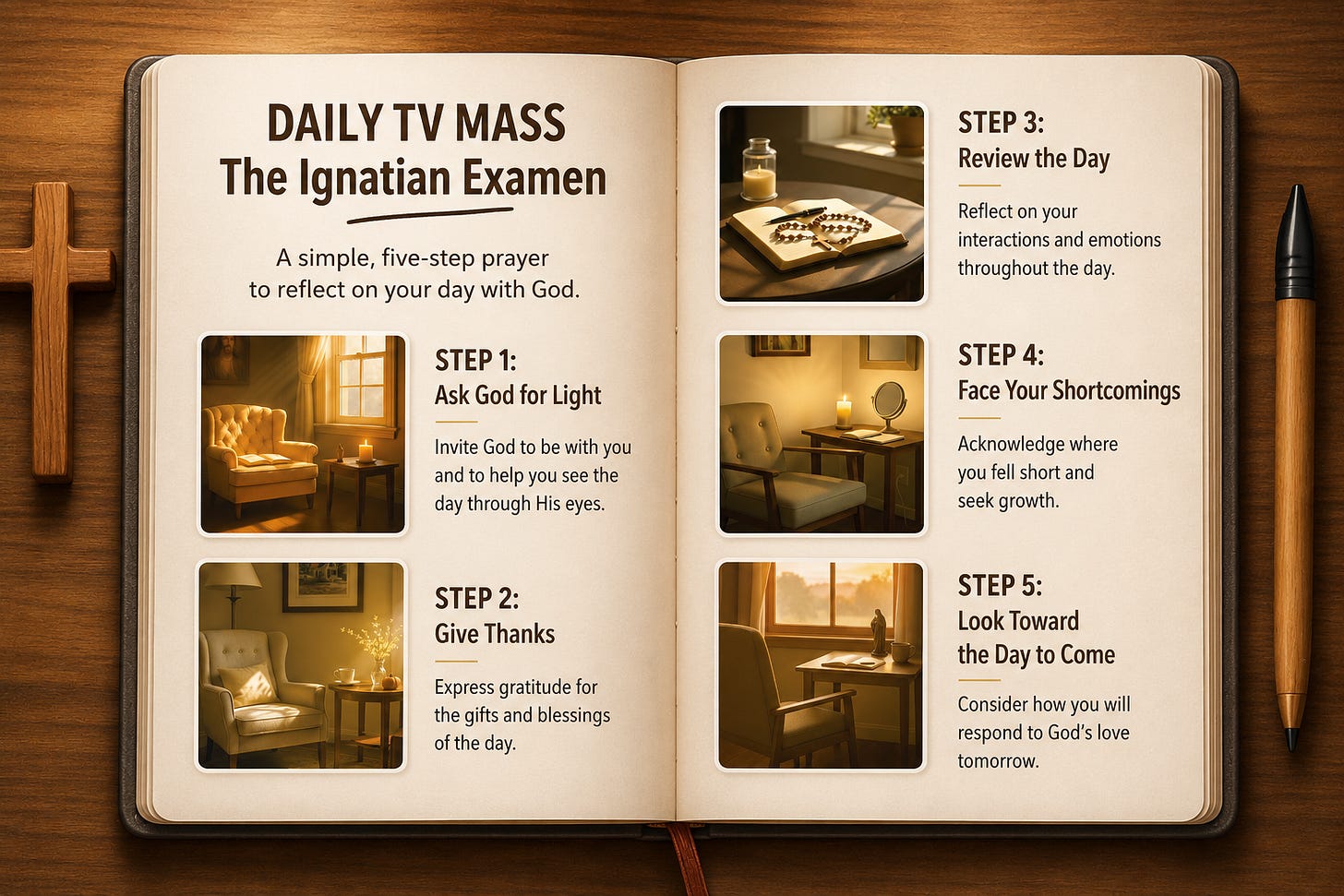 Open journal illustrating the five steps of the Ignatian Examen. Open journal illustrating the five steps of the Ignatian Examen.