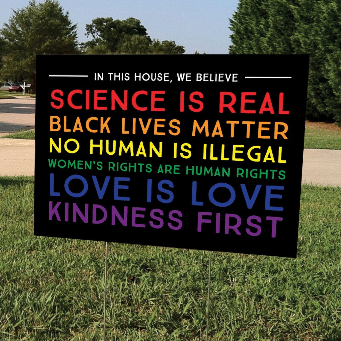 In this House We Believe Lawn Sign Support Diversity Yard Sign image 1