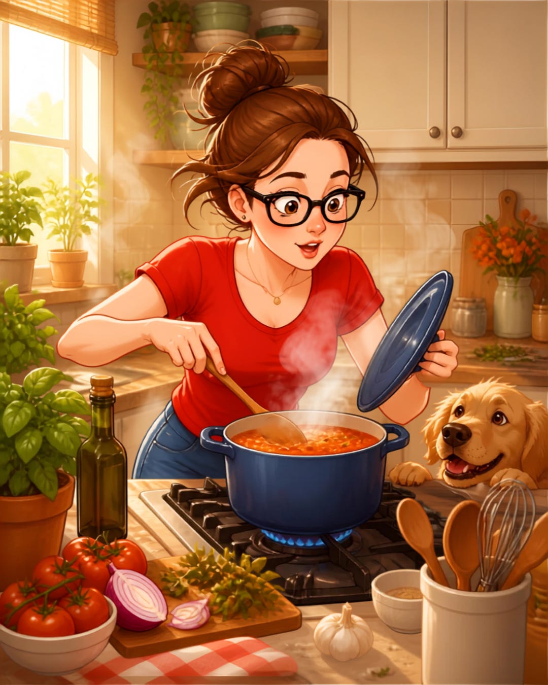 A mom cooks over a stove with a golden retriever looking on (AI-generated)