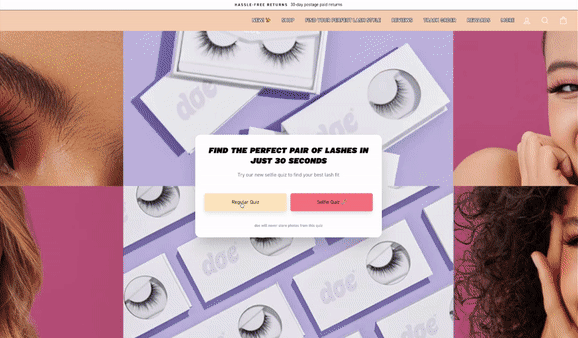 Animated screenshot of the Doe Lashes Octane AI quiz showing eye shape and lash style preference questions with image-based answer options