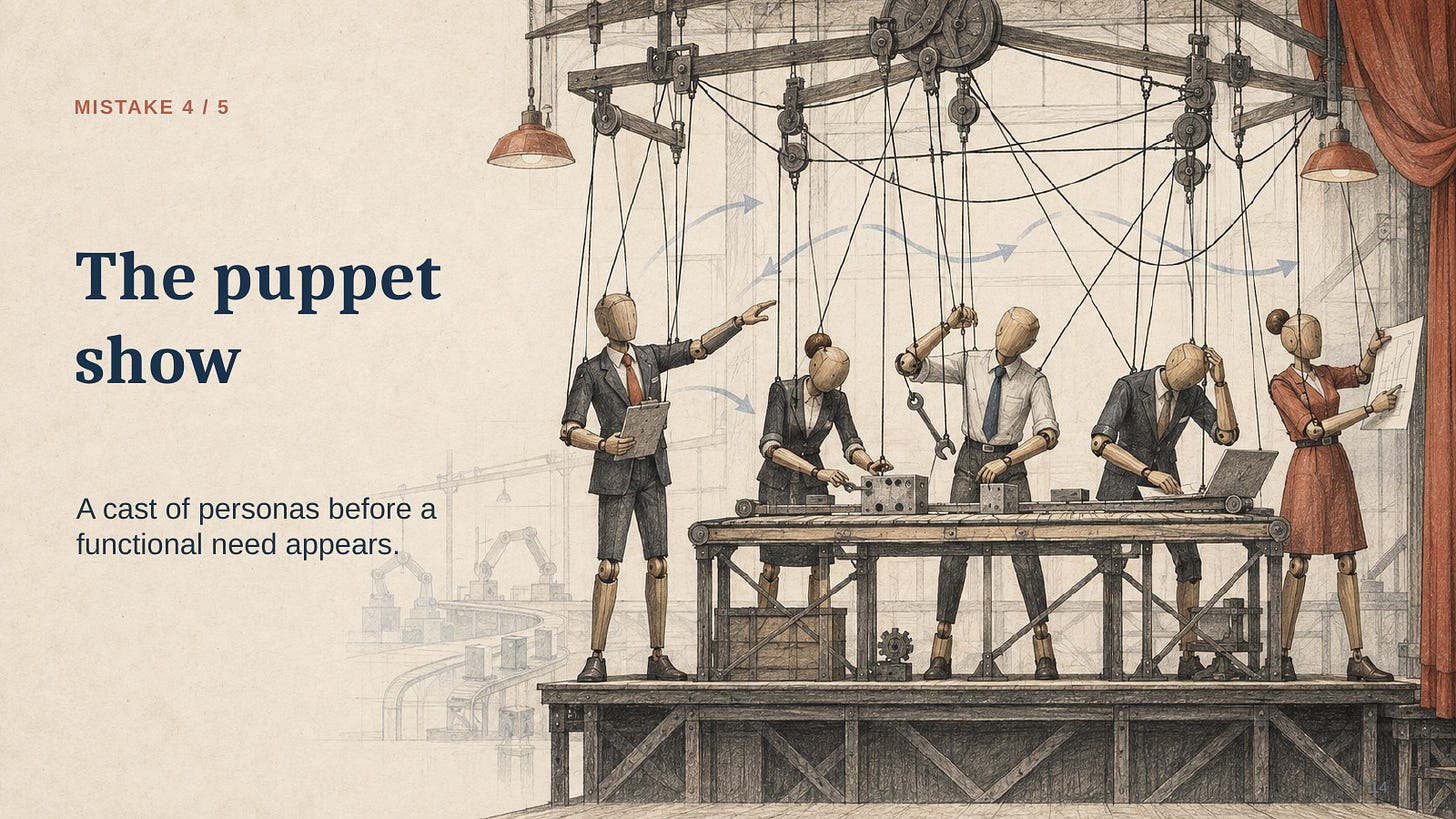The puppet show: a cast of agent personas created before there is a functional need for them. The puppet show: a cast of agent personas created before there is a functional need for them.
