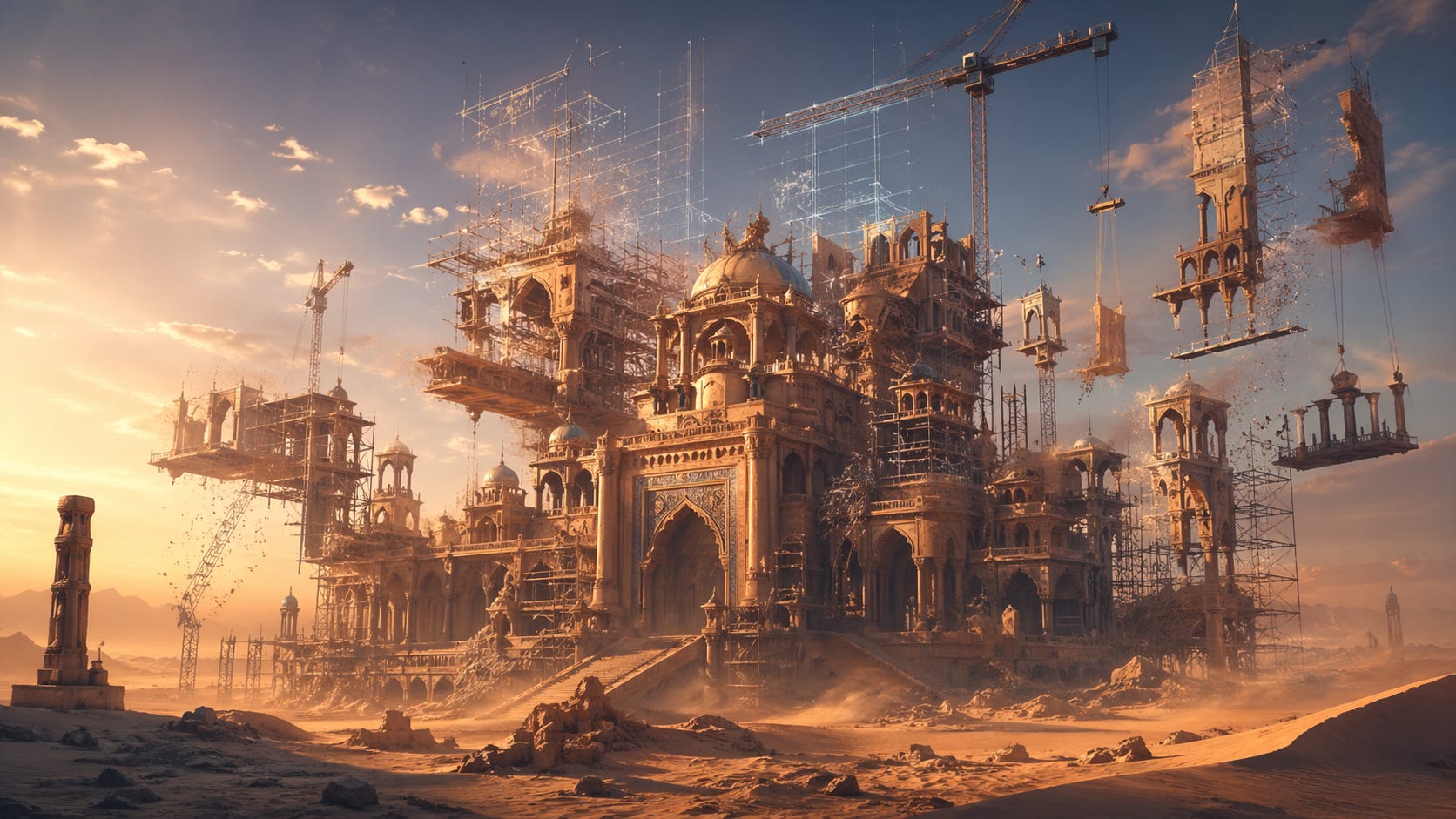 A half-finished ornate desert palace surrounded by cranes, scaffolding, and floating blueprint structures dissolving into golden dusk. Sections of the architecture fade into sand mid-construction. A half-finished ornate desert palace surrounded by cranes, scaffolding, and floating blueprint structures dissolving into golden dusk. Sections of the architecture fade into sand mid-construction.
