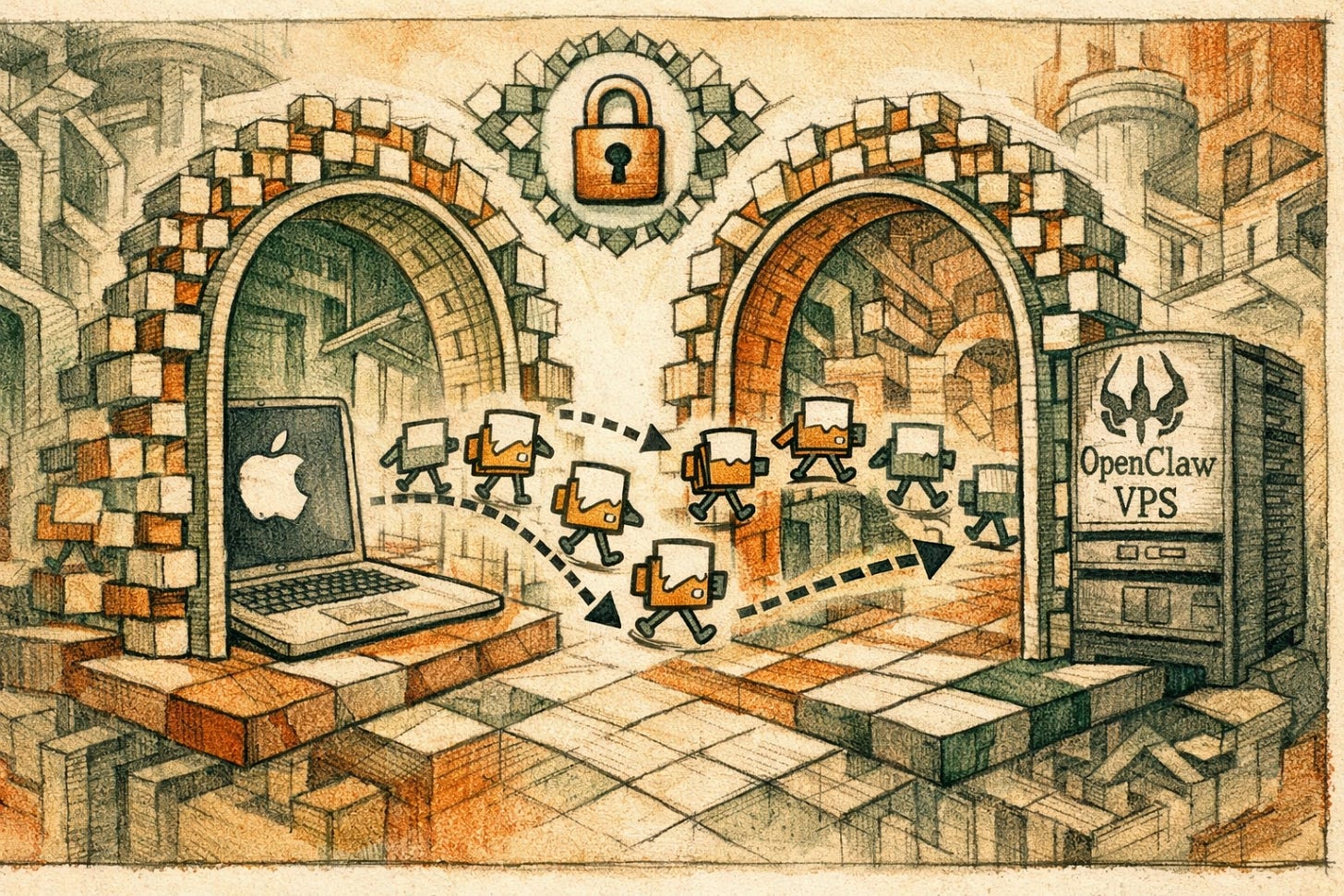 Secure file sync diagram for AI agents: controlled Mac-to-OpenClaw VPS transfer (AI agent security).