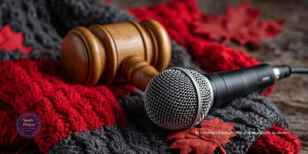 Judge’s gavel and microphone on maple leaf background, symbolizing justice and journalistic independence in Canada. Judge’s gavel and microphone on maple leaf background, symbolizing justice and journalistic independence in Canada.