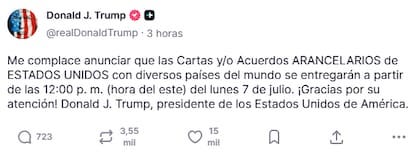 El mensaje de Trump sobre el vencimiento del plazo de suspensión de los aranceles denominados recíprocos.