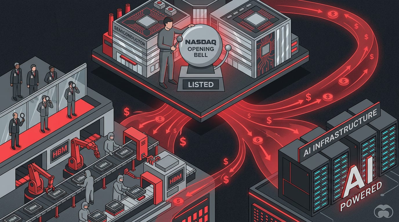 Flat isometric illustration of a towering semiconductor manufacturer ringing a Nasdaq opening bell while enormous streams of investment capital flow into advanced memory chip factories, tiny institutional investors watching HBM modules move along production lines, visual emphasis on capital fueling AI infrastructure, bold red and graphite gray color palette, clean vector art style, dark background, modern tech editorial aesthetic Flat isometric illustration of a towering semiconductor manufacturer ringing a Nasdaq opening bell while enormous streams of investment capital flow into advanced memory chip factories, tiny institutional investors watching HBM modules move along production lines, visual emphasis on capital fueling AI infrastructure, bold red and graphite gray color palette, clean vector art style, dark background, modern tech editorial aesthetic