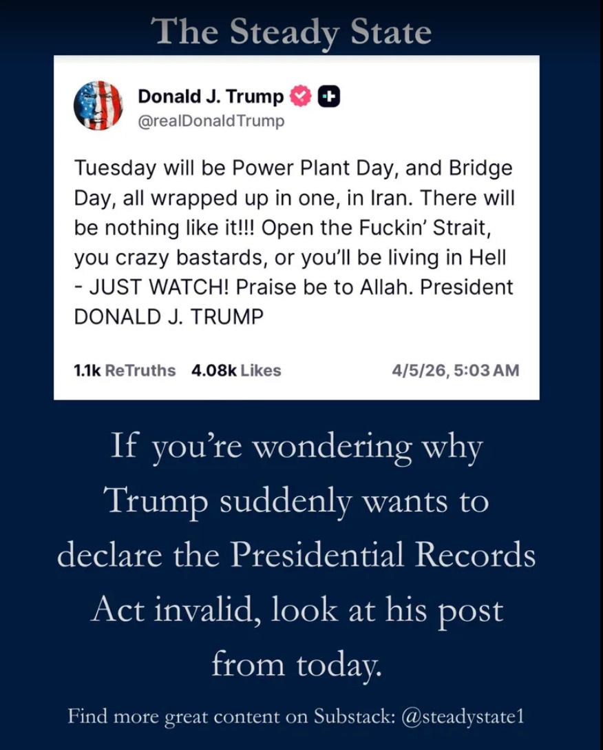 If you’re wondering why Trump suddenly wants to declare the Presidential Records Act invalid, look at today’s post that “Tuesday will be Power Plant Day, and Bridge Day,” all while praising Allah. He doesn’t want these choices archived, indexed, and opened to history. #HoldFast