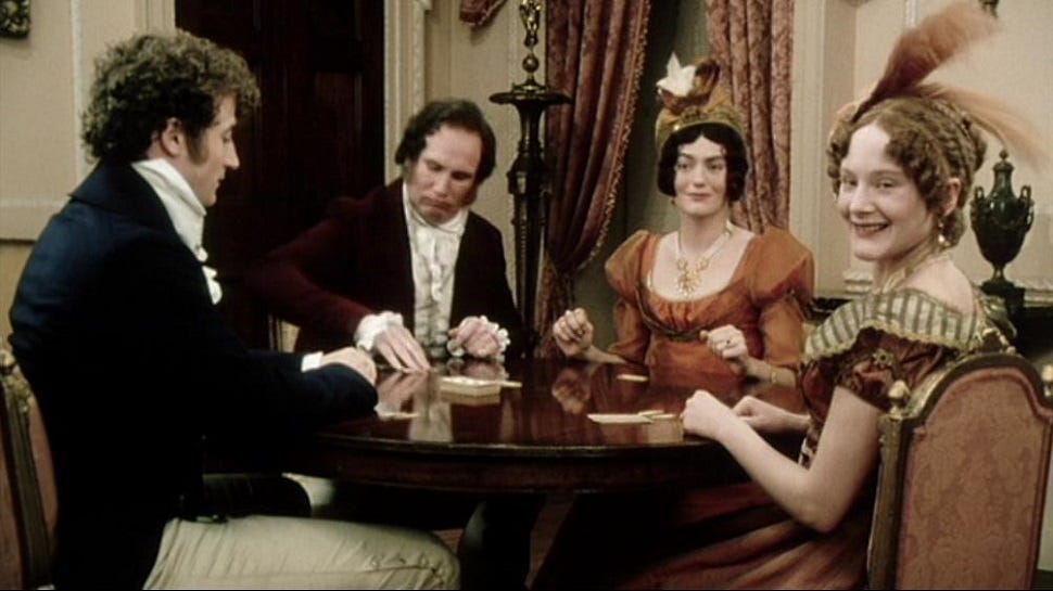 The Bingleys are playing cards in the 1995 BBC adaptation of 'Pride and Prejudice.' 