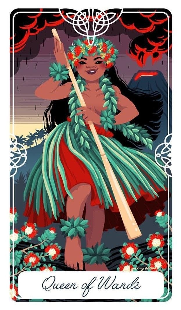 Picture of a Queen of Wands tarot card featuring a young woman with flowers in the foreground and a volcano in the background