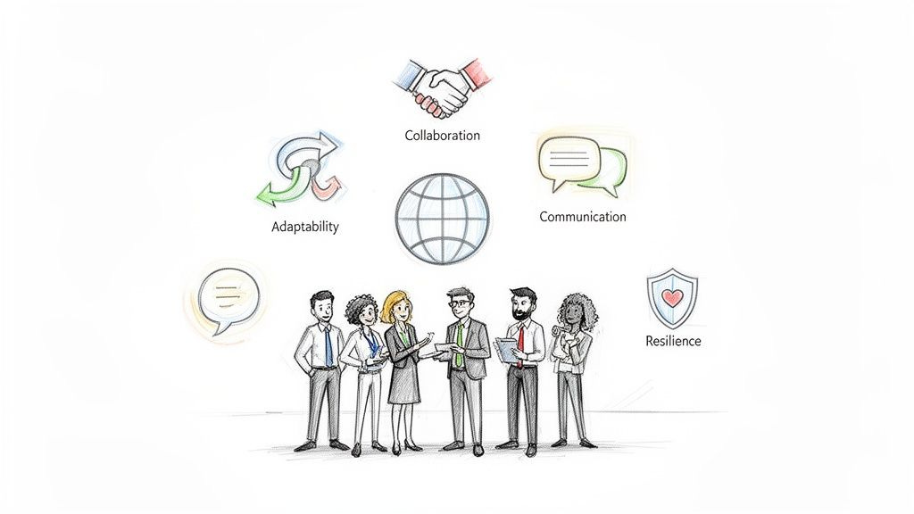 Illustrative diagram showing a diverse team of six professionals beneath icons representing collaboration, adaptability, communication, and resilience. Illustrative diagram showing a diverse team of six professionals beneath icons representing collaboration, adaptability, communication, and resilience.