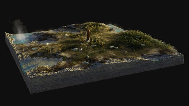 La région sédimentaire de Rhynie dans l'Aberdeenshire, vallonnée, traversée de cours d'eau et surmntée d'un prototaxite. La région sédimentaire de Rhynie dans l'Aberdeenshire, vallonnée, traversée de cours d'eau et surmntée d'un prototaxite.