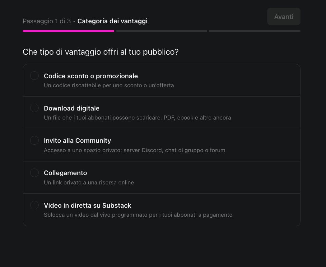 schermata Create Perk con le tipologie disponibili schermata Create Perk con le tipologie disponibili