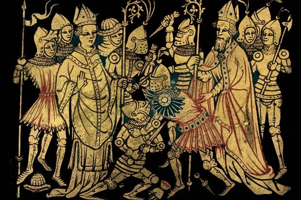 A 14th-century illustration shows two bishops watching men fight to the death in a trial by combat.