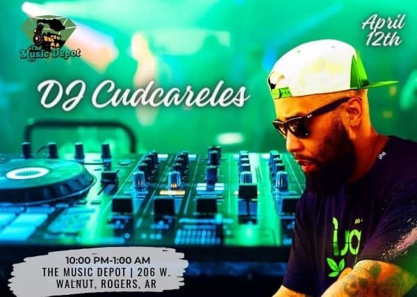 May be an image of 1 person and text that says '新し代日 MusicDepot Music iCD Depot D0 Cudcareles April 12th BИй 10：00 PM-1:00 AM THE MUSIC DEPOT 206 W. WAŁNUT, ROGERS, WAENUT,ROGERS,AR AR lỡ'