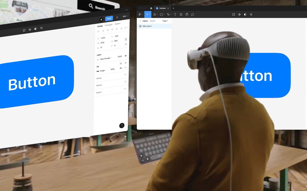 Vision Pro with simulated Figma UI where a button is being designed. Vision Pro with simulated Figma UI where a button is being designed.