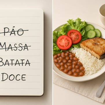 Lado esquerdo: lista de comida "proibida". Lado direito: prato com refeição balanceada. Lado esquerdo: lista de comida "proibida". Lado direito: prato com refeição balanceada.