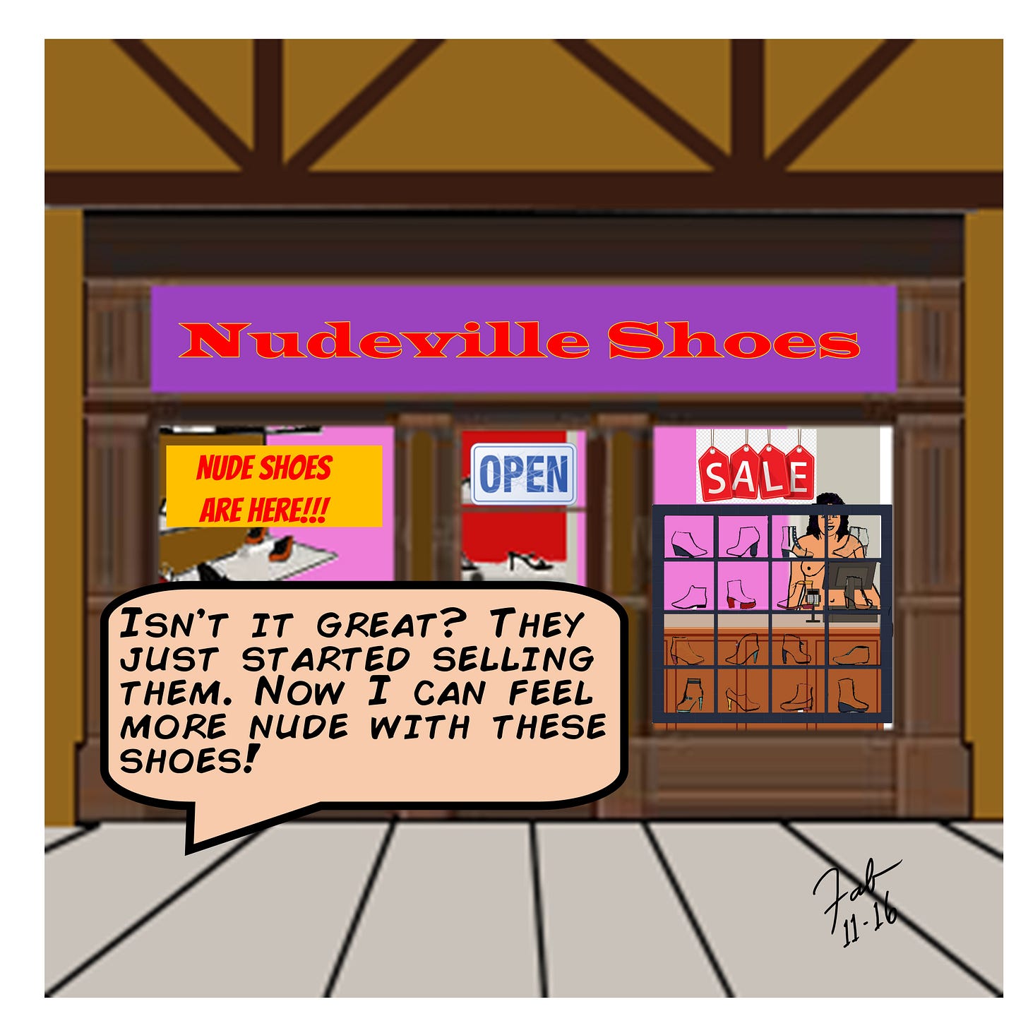 Panel 4: Outside the storefront labeled Nudeville Shoes, a display sign reads “Nude Shoes Are Here!” The orange-haired woman says, “Isn’t it great? They just started selling them. Now I can feel more nude with these shoes!”