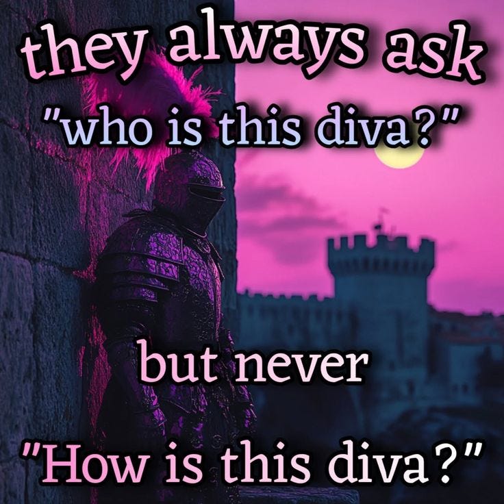 This may contain: a knight standing next to a wall with the words they always ask who is this diya? but never how is this diya?