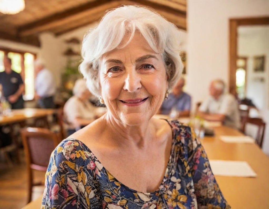 Tight profile of 85-year-old Italian woman pensively looking into camera with a small group of older people sitting at a dining room table behind her. Tight profile of 85-year-old Italian woman pensively looking into camera with a small group of older people sitting at a dining room table behind her.