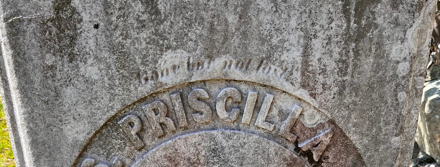 An old gravestone etching reading "Gone but not lost." Easton, Massachusetts.