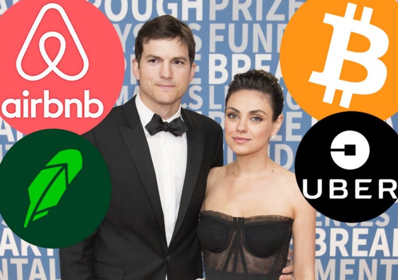 Ashton Kutcher and Mila Kunis, with an Airbnb logo