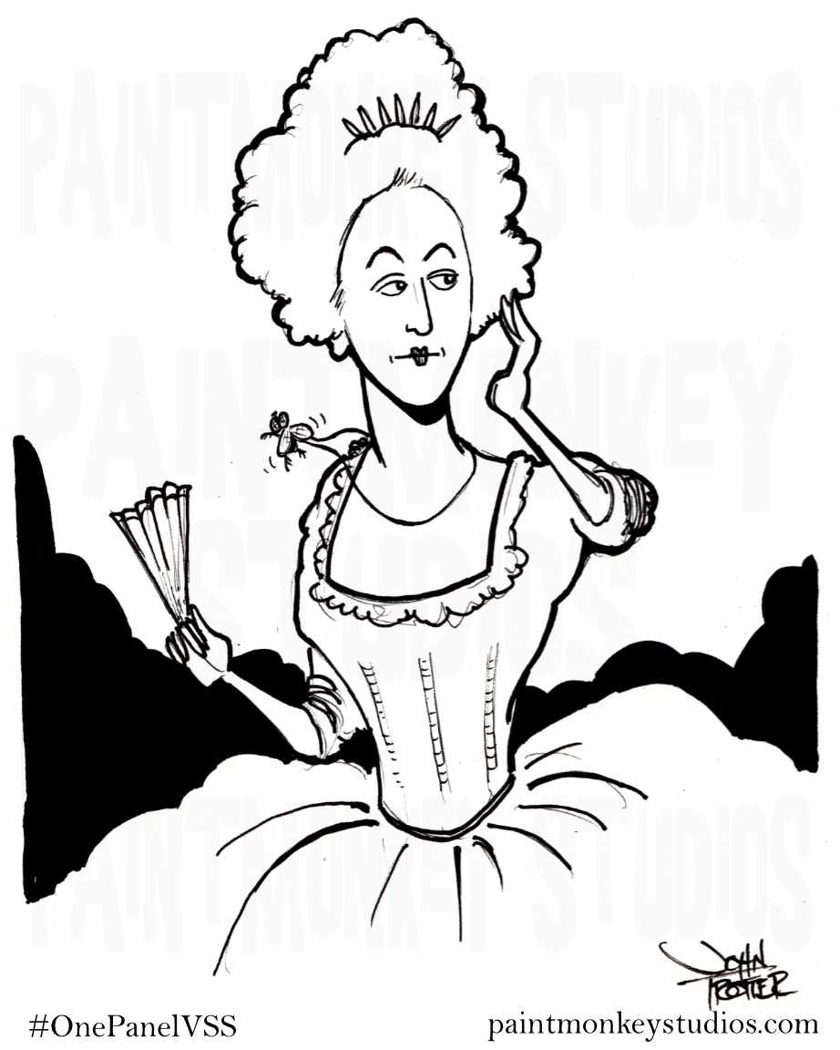 Ink drawing of a woman in powdered wig holding a fan while wearing a necklace with a fly as the locket piece.