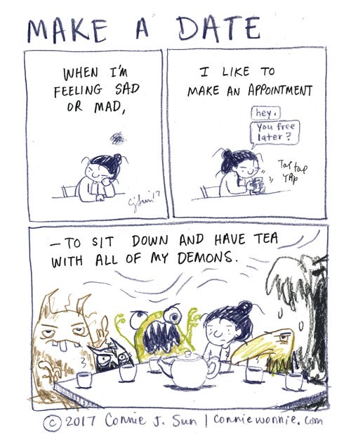 3-panel comic strip about facing your personal demons. Cartoon girl with a bun texts her demons and invites them all over for tea. Titled "Make a date," color pencil and ink on paper. Original artwork by Connie Sun, cartoonconnie, 2017.
