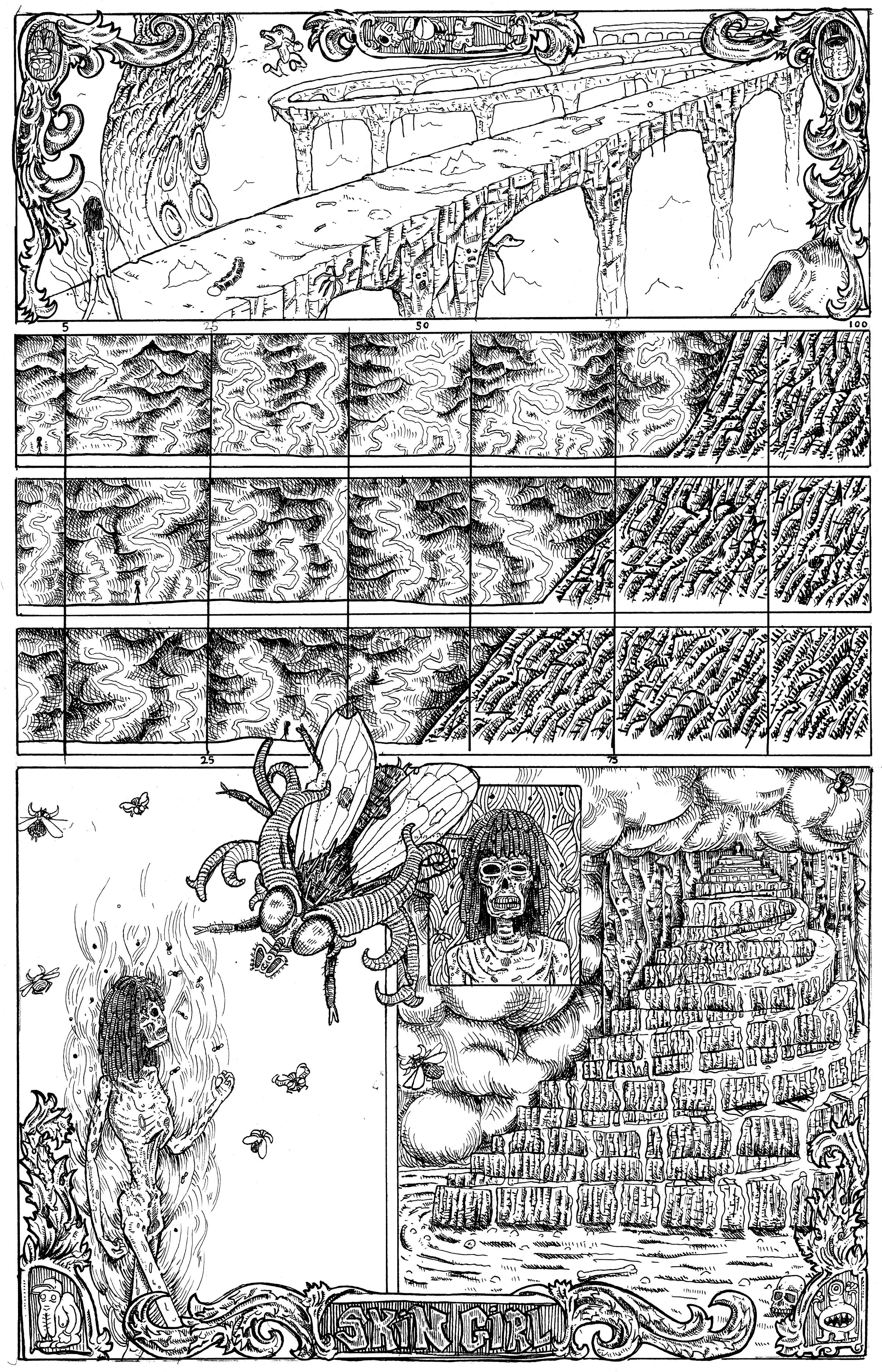 Page 9 of skingirl in black and white. SG approaches the 100 yeah bridge, then ascends the mountain to Satan's throne. Her decomposing body is now nearly skeleton, surrounded by flies.