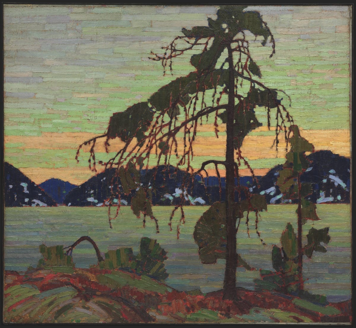 Tom Thomson's "The Jack Pine". A solitary jack pine sits at a lake's edge. Across the water are a series of partly snow covered hills. The sky is of yellow-greens and faded oranges suggesting dusk or dawn. Tom Thomson's "The Jack Pine". A solitary jack pine sits at a lake's edge. Across the water are a series of partly snow covered hills. The sky is of yellow-greens and faded oranges suggesting dusk or dawn.