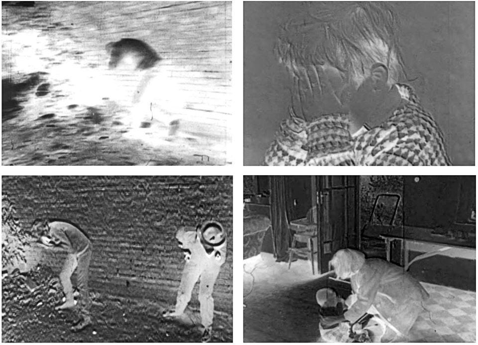 Four screengrabs from The War Game showing characters within or immediately outside a suburban house who have be caught in a nuclear explosion; each image is in negative Four screengrabs from The War Game showing characters within or immediately outside a suburban house who have be caught in a nuclear explosion; each image is in negative