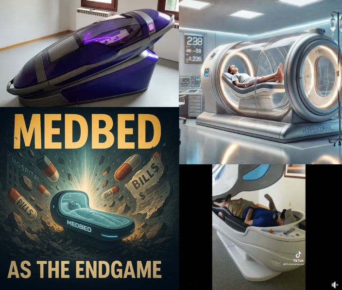 Three images of "MedBeds" and a euthanasisa machine 