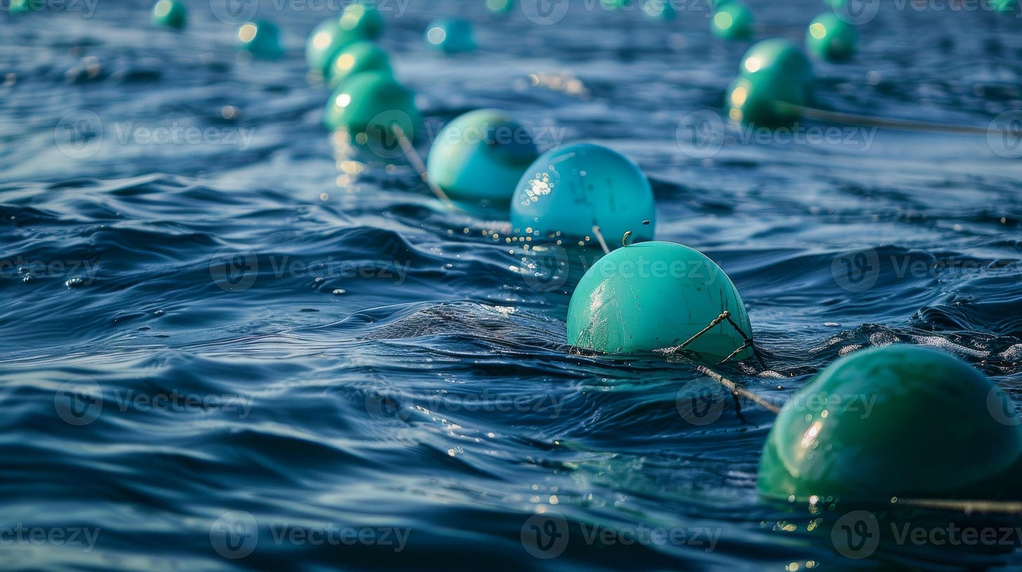 A group of blue and green buoys bobbing in the water equipped with ...