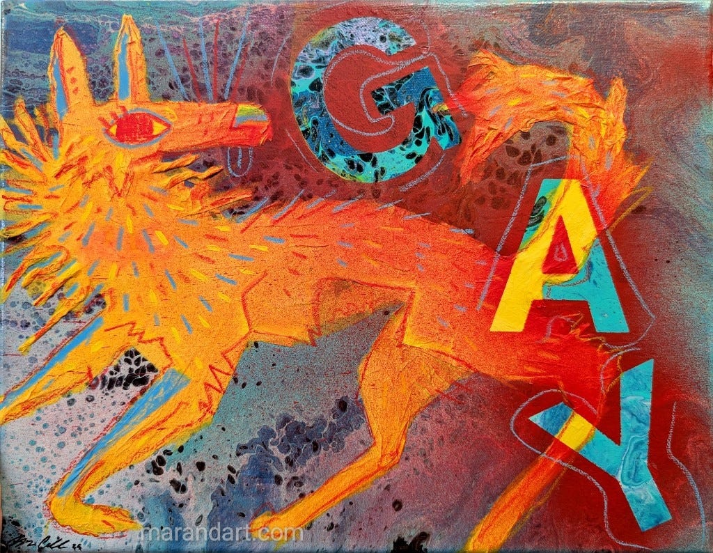 A painting of a golden dog and the letters G A Y in red spray paint bursts against a painterly background of teal flecked with black