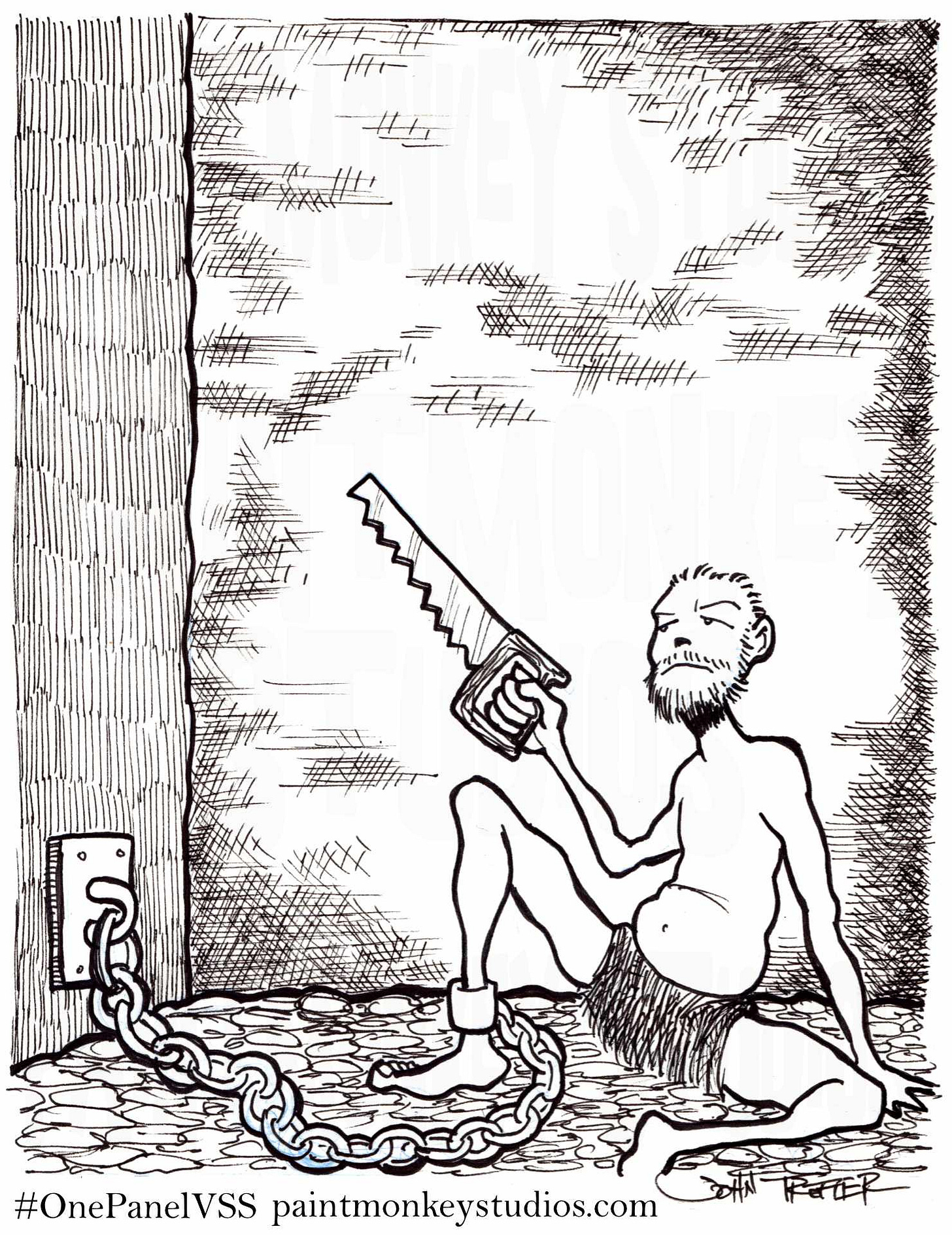 Ink drawing of a man chained to a wall holding a saw.