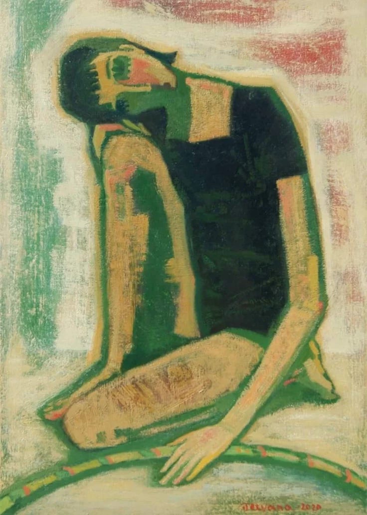 This may contain: a painting of a person sitting on the ground
