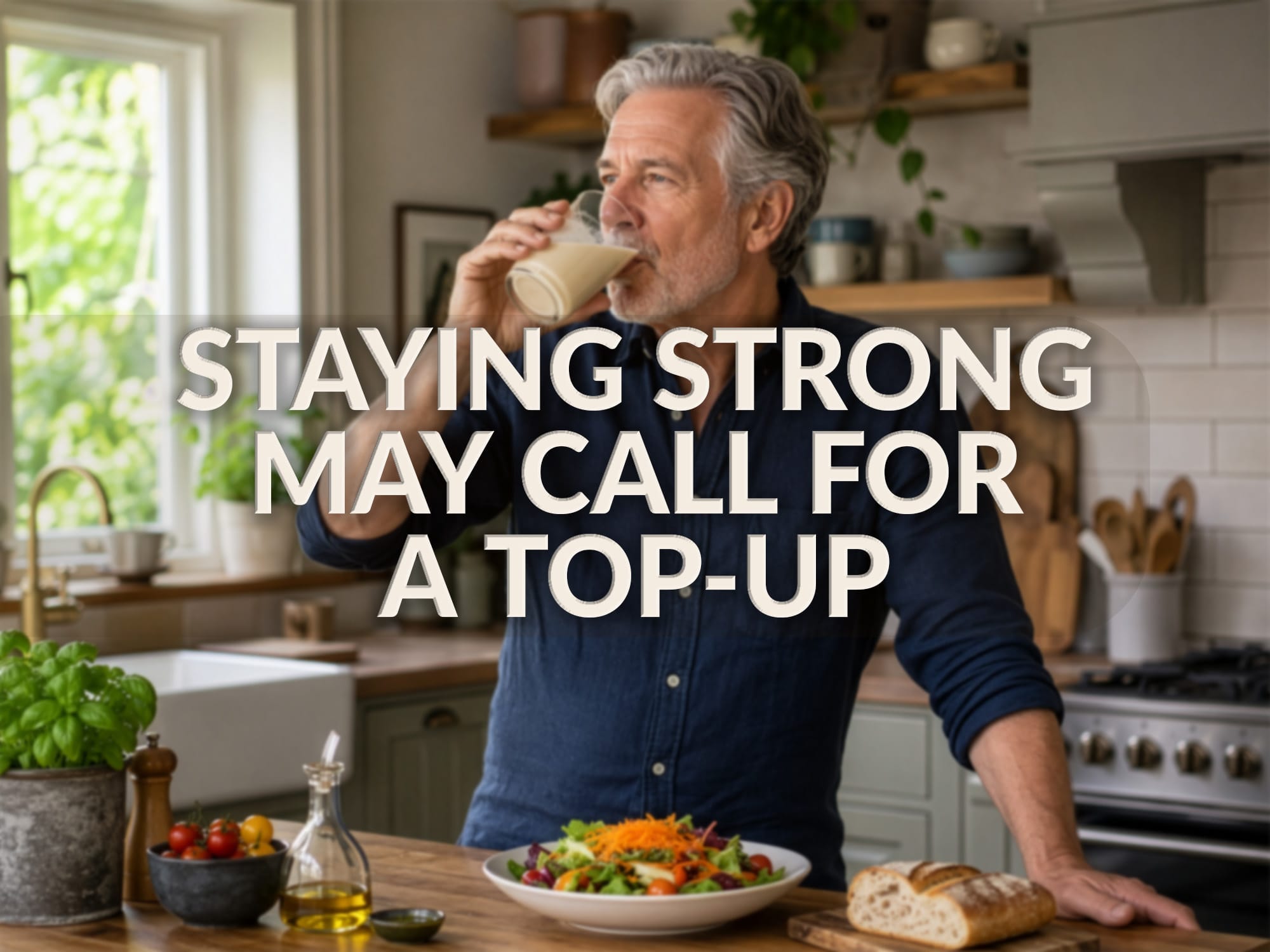A man in his sixties drinks a protein shake before eating a lunchtime salad.