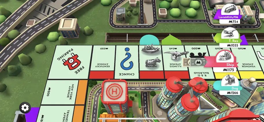 Movin' Along The top left corner of the board, with the T-Rex, the Dog, and the Battleship
