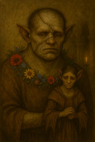 A dark fantasy portrait of the guardian flesh golem of the Abbey of St. Markovia, depicted alone in a gentle, non‑disturbing style. The golem is a large, solemn figure with subtly varied skin tones and faint, soft seams across his arms and shoulders. His expression is calm and almost childlike, with mismatched eyes and a broad, gentle face. He wears a simple tunic of stitched burlap and wool. A garland of wildflowers rests around his neck, adding a tender touch to his imposing frame. He stands quietly in the Abbey courtyard at dusk, surrounded by cracked stone, overgrown vines, and warm candlelight spilling from nearby windows. The atmosphere is peaceful, melancholic, and safe. A dark fantasy portrait of the guardian flesh golem of the Abbey of St. Markovia, depicted alone in a gentle, non‑disturbing style. The golem is a large, solemn figure with subtly varied skin tones and faint, soft seams across his arms and shoulders. His expression is calm and almost childlike, with mismatched eyes and a broad, gentle face. He wears a simple tunic of stitched burlap and wool. A garland of wildflowers rests around his neck, adding a tender touch to his imposing frame. He stands quietly in the Abbey courtyard at dusk, surrounded by cracked stone, overgrown vines, and warm candlelight spilling from nearby windows. The atmosphere is peaceful, melancholic, and safe.